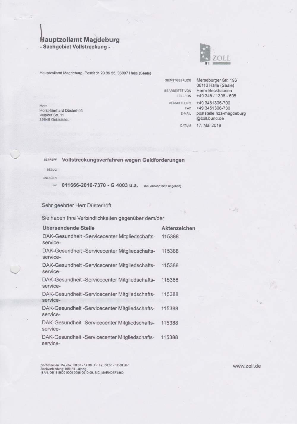 Blatt 1 DAK Beckhausen 16000 euro